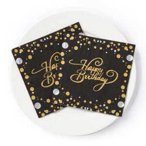 Black & Gold Happy Birthday Printed Paper Napkins, 20 Count