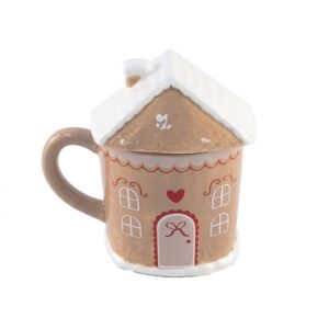 Handcrafted Gingerbread House Shaped Ceramic Mug with Lid