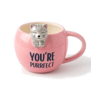 Handcrafted 3D Peeking Cat "You're Purrfect" Ceramic Coffee Mug