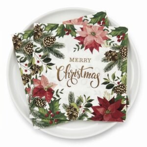 Christmas Pinecone & Poinsettia Printed Paper Napkins, 20 Count