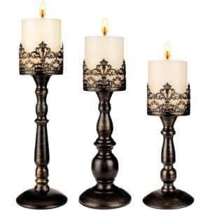 Vintage Pillar Candle Holder 3PCS DISTRESSED BLACK