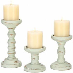 Wood Pillar Candle Holder 3PCS GREEN