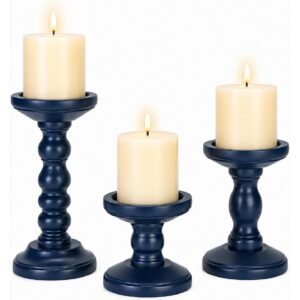 Wood Pillar Candle Holder 3PCS NAVY BLUE