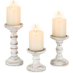 Wood Pillar Candle Holder 3PCS WHITE BROWN
